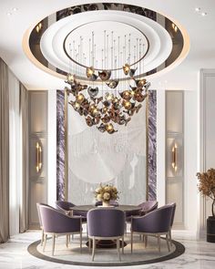 an elegant dining room with purple chairs and chandelier hanging from the round ceiling