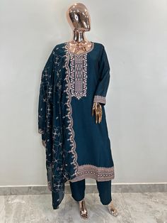 Navy Blue Embroidered Silk Kurta with Palazzo & Dupatta Indian Summer Wear For Women/ Indian Wedding Wear / Indian Plus Size Dress For Women / Customisation Available The set contains : 1 Straight Kurta 1 Palazzos 1 Dupatta Kurta: The navy blue embroidered kurta comes with a round neck . The kurta measures till the calf length and comes with a straight hem. It also comes with zari detail.  Sleeve Length : 3/4 Sleeves Trousers :  Solid trousers has partially elasticated waistband with slip on clo Festive Anarkali With Resham Embroidery, Unstitched Anarkali Churidar For Festive Occasions, Festive Embroidered Sharara For Designer Wear, Anarkali Traditional Wear With Zari Work For Eid, Festival Art Silk Anarkali Set With Dabka, Festive Anarkali With Dabka Details, Festive Art Silk Anarkali Set With Dabka, Festive Anarkali Churidar With Dabka, Bollywood Traditional Wear With Dabka For Navratri