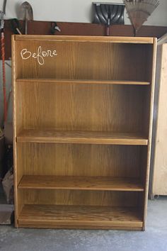 a wooden bookcase with writing before and after on the bottom shelf in a garage