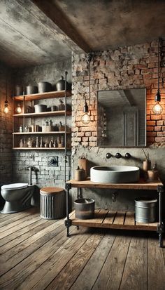 a rustic bathroom with brick walls and wooden floors, an old - fashioned washbasin is on the far wall