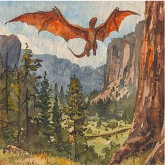 a watercolor painting of a dragon flying over a mountain landscape with trees and mountains in the background