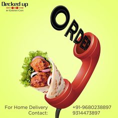 an advertisement for a home delivery company called derek up, with the image of a sandwich on a telephone