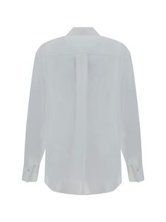 100% Cotton Classic Silk Tops With Concealed Placket, Classic Silk Top With Concealed Placket, White Long Sleeve Silk Shirt, Classic White Silk Shirt, Classic Silk Tops With Fold Down Collar, Classic Silk Shirt With Concealed Placket, Classic Silk Shirt With Fold Down Collar, Classic Silk Tops With Lapel Collar, Designer White Top With Fold Down Collar