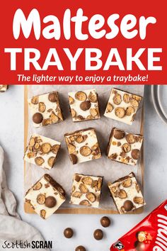 the cover of malteer tray bake, with chocolate and nuts on it