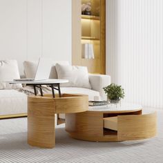 Modern Round Coffee Table with Storage Lift-Top Wood & Stone Coffee Table with 2 Drawers Round Coffee Table With Storage, Storage Lift, Modern Round Coffee Table, Round Coffee Table Modern, Stone Coffee Table, Table With Storage, Wood Stone, Glass Coffee Table, Modern Round