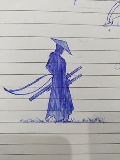 a drawing of a person with an umbrella on top of a piece of lined paper