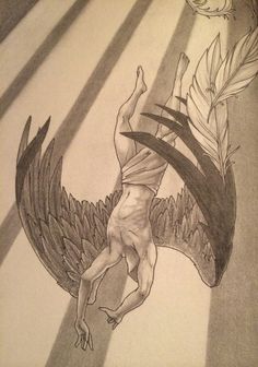 a pencil drawing of a man falling from a bird's wing with the sun shining behind him