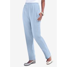 A relaxed fit and easy pull-on design make style a breeze. Elastic waist, side pockets. Swimsuits For All, Petite Women, Womens Size Chart, Knit Pants, Pants Straight, Pull On Pants, Comfy Casual, Pale Blue, Soft Knits