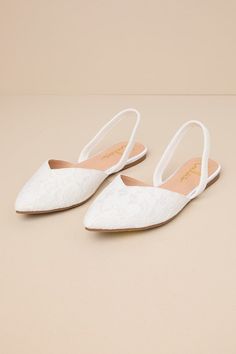 Step into style with the Lulus Mae White Lace Pointed-Toe Slingback Flats! These sweet cuties are the perfect blend of chic and sensible with their low-maintenance flat sole, comfortable elastic slingback strap, and cute notched pointed-toe upper composed of romantic floral lace. 0. 25" rubber heel. Lightly cushioned insole. Felted rubber sole has nonskid markings. Man made materials. Imported. Lulus | Mae White Lace Pointed-Toe Slingback Flats | Size 6.5.