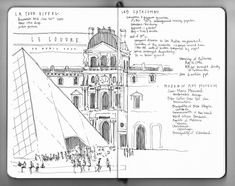 an open notebook with some drawings on the page and people walking around it in front of a large building