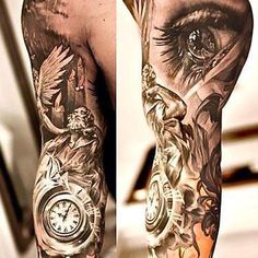 a man with tattoos on his arm and leg is holding a clock in front of him