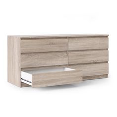 the sideboard is made from wood and has two drawers, one with an open drawer