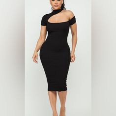 Make A Bold Impression With The Turtleneck One Shoulder Short Sleeve Midi Dress, Crafted From A Smooth Blend Of 70% Rayon And 30% Nylon. This Dress Perfectly Contours To Your Figure, Balancing Allure And Elegance With Its One-Shoulder Design And Turtleneck: Ideal For A Night Out Or A Special Date. Embrace Your Confidence And Step Into The Spotlight With This Captivating, Figure-Flattering Dress That Promises To Turn Heads Trendy Short Sleeve Midi Dress For Night Out, Trendy Black Stretch Maxi Dress, Trendy Black Midi Dress With Short Sleeves, Trendy Knee-length Club Midi Dress, Black One Shoulder Midi Dress For Spring, Black Midi Dress For Club, Black Midi Dress For Club And Spring, Trendy Black Midi Dress For Evening, Black Bodycon Midi Dress For Club