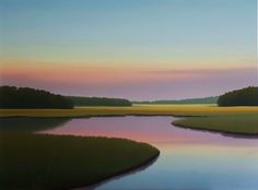 an oil painting of a sunset over a marshy area with trees in the distance