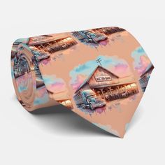 a tie with a painting of a train station on it's front and side