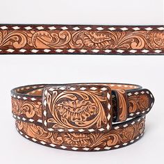 La Jara Toolted Leather Belt Tooled Belt, Tan Cowhide, Beaded Belt, American Leather, Western Leather, Genuine Leather Belt, Antique Finish, Leather Cover, Metal Buckles