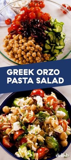 greek orzo pasta salad with tomatoes, cucumbers and feta cheese