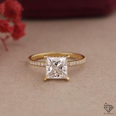 a princess cut diamond engagement ring with pave diamonds