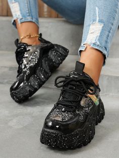 Women's Thick Sole Sneakers - New Glossy Splattered Chunky Shoes, Wavy Bottom Casual Shoes, Silver/Black Laser Thick Sole Shoes, Red Sports Shoes, Elevated Fashionable Reflective Letter Pattern Women Sneakers, Limited Edition Black     Colorblock,Letter,Plain    Women Shoes, size features are:Bust: ,Length: ,Sleeve Length: Trendy Black Platform Sneakers For Sports, Trendy Black Platform Sneakers, Trendy Black Chunky Platform Sneakers, Black Chunky Lace-up Sneakers With Vulcanized Sole, Black Low-top Chunky Sneakers With Textured Sole, Speckled Midsole Chunky Lace-up Sneakers, Trendy Black Lace-up Chunky Sneakers, Trendy Black Chunky Lace-up Sneakers, Black Platform Sneakers For Streetwear