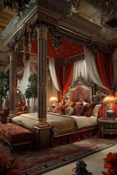 a fancy bedroom with red and gold decor