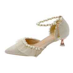 Luxury Silk White Wedding Shoes for Women Summer Pearl Ankle Straps High Heels Pumps Woman Pointed Toe Heeled Dress Shoes Cream Pointed Toe Court Shoes For Summer, Summer Banquet Heels, Summer Banquet High Heels, Flat Heel Wedding Shoes For Summer Prom, Summer Banquet Heels With Round Toe, Summer Wedding Shoes With Flat Heel For Prom, Chic Fitted Flat Heel Wedding Shoes, Chic Fitted Wedding Shoes With Flat Heel, Fitted Ankle Strap Heels For Banquets