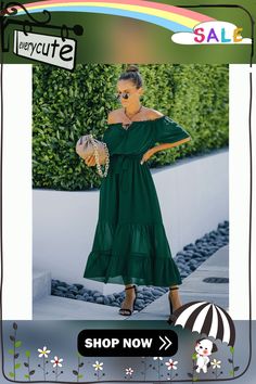 Dark Green Off Shoulder Tie Waist Ruffle Maxi Dress Green Ruffled Midi Dress For Vacation, Green Midi Dress With Ruffles For Beach, Green Off-shoulder Ruffled Midi Dress, Green Off-shoulder Midi Dress With Ruffles, Casual Green Chiffon Midi Dress, Flowy Green Midi Dress With Ruffles, Casual Off-shoulder Midi Dress With Ruffle Hem, Chiffon Maxi Dress With Ruffles For Day Out, Green Maxi Dress With Ruffle Hem For Day Out