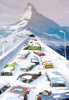 a painting of cars parked on the side of a snow covered road with a mountain in the background