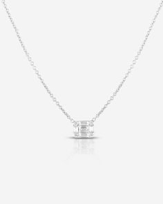 Petite Emerald Illusion Necklace – Ring Concierge Elegant Emerald Cut Baguette Diamond Necklaces, White Cubic Zirconia Diamond Necklace With Baguette Diamonds, White Gold Baguette Jewelry With Single Cut Diamonds, Baguette Shaped Single Cut Diamond Jewelry, White Baguette Cut Diamond Necklace, Elegant Emerald Cut Diamond Necklace With Baguette Diamonds, Emerald Cut Solitaire Necklace With Diamond Accents, White Gold Emerald-cut Baguette Diamond Jewelry, Elegant Emerald Cut Baguette Diamond Necklace