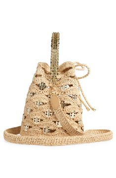 A unique wave-inspired design hand-braided from raffia and accented with signature disc hardware defines this bucket bag that's a chic warm-weather carryall. Drawstring closure Top carry handle; removable crossbody strap Raffa/metal Imported Designer Handbags Designer Natural Straw Bag With Gold-tone Hardware, Designer Summer Shoulder Bag For Vacation, Designer Shoulder Bag For Summer Vacation, Luxury Summer Bucket Bag With Gold-tone Hardware, Luxury Bucket Bag With Gold-tone Hardware For Summer, Designer Straw Bag For Vacation, Luxury Summer Shoulder Bag With Gold-tone Hardware, Luxury Straw Bags With Gold-tone Hardware, Designer Natural Straw Bucket Bag