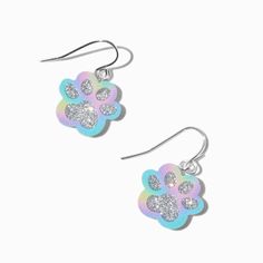 Get your hands on these silver-tone earrings. The acrylic designs are paw-shaped with rainbow and silver-tone glitter details. Finish: Silver-toneDrop: 0.5 in. / 1.27 cm.Closure: Fish hookMaterial: Acrylic - Claire's Rainbow Glitter Paw 0.5" Drop Earrings Ear Rings For Kids, Rings For Kids, Claires Earrings, Piercing Kit, Kids Rainbow, Pink Photo, Rainbow Glitter, Fashionable Jewelry, Acrylic Designs