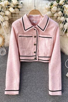 Fabric: Blended Size: one size Color: Pink apricot Size: length 41, sleeve length 57, bust 90, waist 70 Preppy Chic Outfits, High Waisted Pleated Skirt, Coat Women Fashion, Expensive Clothes, Short Cardigan, Early Spring Outfits, Long Trench Coat, Plaid Coat, Outfits 2022