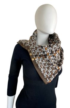 Bring your aesthetic to the next level with this sophisticated scarf! It measures 26" (66.04 cm) in length and 10" (25.4 cm) in width, crafted with 100% brown genuine leather and a 100% tweed wool blend fabric. Designer Wool Scarves For Fall, Luxury Brown Scarves For Winter, Elegant Brown Scarves For Winter, Elegant Brown Winter Scarves, Chic Brown Scarf For Fall, Cowl Neck Scarf, Leather Scarf, Brown Tweed, Sleek Look