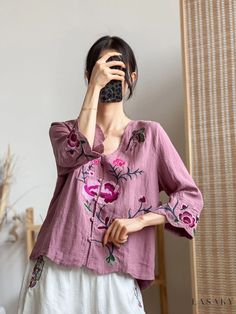 Lasaky - Exquisite Embroidered Half-Sleeve Shirt with Asymmetric Collar and Tie Front Belt Blouse, Half Sleeve Shirts, Half Sleeve Blouse, Belted Cardigan, Cardigan Outfits, Embroidered Shorts, Style Cardigan, Collar Blouse, Embroidered Shirt