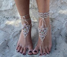 Barefoot sandals lace crochet Kit jewelry Anklets bracelet | Etsy Bohemian Toe Ring Jewelry For Beach, Handmade Summer Toe Ring Jewelry, Handmade Toe Ring For Summer, Handmade White Barefoot Sandals For Beach, Bohemian Barefoot Sandals For Beach Party, Handmade White Bohemian Barefoot Sandals, White Handmade Bohemian Barefoot Sandals, Handmade Bohemian Barefoot Sandals For Beach Wedding, Handmade Barefoot Sandals For Beach Wedding