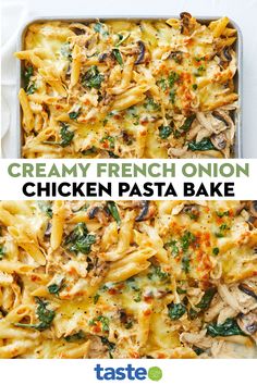 creamy french onion chicken pasta bake with spinach and cheese