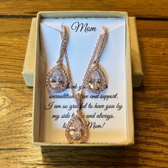 Nwot “Mom” Boxed Gift Set Rose Gold Gold Plated Drop Earrings And Necklace Of Cubic Zirconia Crystals. Would Make A Great Gift For A Mother Of Bride Or Mothers Day Gift. The Necklace Is Adjustable Length 16 Inches See Photos For Measurements Of Cubic Zirconia Rose Gold Jewelry For Anniversary With Gift Box, Rose Gold Jewelry Set For Valentine's Day Gift, Rose Gold Jewelry With Gift Box, Rose Gold Jewelry For Formal Occasions And Gifts, Pink Jewelry Sets For Mother's Day, Rose Gold Jewelry With Gift Box For Wedding, Rose Gold Jewelry In Gift Box For Wedding, Rose Gold Dangle Jewelry For Mother's Day, Mother's Day Party Jewelry Set With Earrings