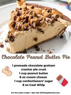 peanut butter pie on a plate Pb Pie, Easy Peanut Butter Pie, Peanut Butter Dessert Recipes, Chocolate Peanut Butter Pie, Easy Pie Recipes, Chocolate Graham Crackers, Creative Cooking, Peanut Butter Desserts, Easy Pie