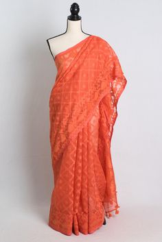 Redsham Cotton Soft Jamdani Saree in Orange, Indian Jamdani Saree Shipped from USA, Bengal Looms by BengalLooms on Etsy Orange Chanderi Dress With Cutdana Details, Bohemian Designer Blouse Piece For Summer, Orange Bohemian Dress With Dupatta, Bohemian Orange Dress With Dupatta, Summer Designer Chanderi Saree, Summer Chanderi Dress With Cutdana Detail, Summer Cutdana Chanderi Dress, Designer Georgette Saree For Summer, Summer Designer Georgette Saree