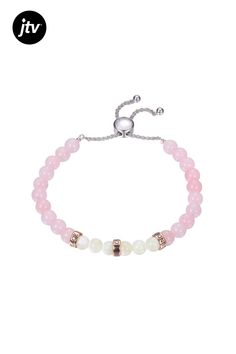 Round Rose Quartz And White Mother of Pearl Rhodium Over Sterling Silver Bolo Bracelet Elegant Pink Beaded Jubilee Bracelet, Elegant Pink Jubilee Beaded Bracelets, Elegant Pink Round Beaded Bracelets, Elegant Rose Quartz Pink Crystal Bracelet, Pink Bracelets For Mother's Day, Adjustable Rose Quartz Jewelry In Rose Color, Adjustable Rose Quartz Rose-colored Jewelry, Elegant Adjustable Pink Bracelet, Elegant Adjustable Rose Gold Rosary Bracelet