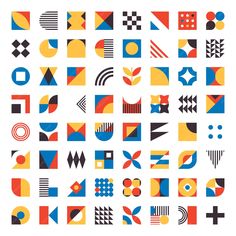 an abstract set of geometric shapes in various colors and sizes, including circles, squares, rectangles, triangles, dots