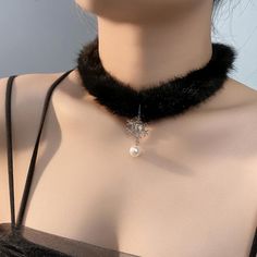 Length: 41-50cm Elegant Winter Jewelry, Silver Jewelry For Winter Parties, Elegant Silver Necklace For Winter, Elegant Black Pendant Choker, Elegant Silver Necklace, Dark Academia Dresses, Choker Necklace Black, Pendant Choker Necklace, Black Choker Necklace