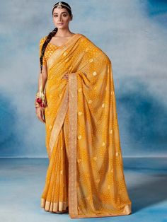 Koyal Saree - Roop Darshan Yellow Bandhani Saree, Haldi Function, Bandhani Print, Haldi Outfits, Saree Traditional, Border Saree, Bandhani Saree, Georgette Fabric, Printed Sarees