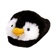 a stuffed penguin is wearing a black and white hat with a yellow beak on it's head