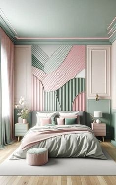 a bedroom decorated in pastel colors with pink and green accents, including a large painting on the wall