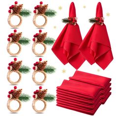 red napkins and napkin rings with pine cones on them