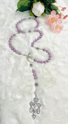 Mary Fatima Rosary Purple Pearl Custom Rosary Necklace - Etsy Purple Round Beads Pearl Necklace For Gift, Adjustable Beaded Purple Pearl Necklace, Adjustable Purple Beaded Pearl Necklace, Purple Rosary With 8mm Beads, Purple Rosary With 8mm Round Beads, Purple Beaded Rosary As Gift, Adjustable Purple Pearl Necklace, Adjustable Purple Pearl Necklace With Round Beads, Handmade Adjustable Purple Rosary