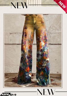 Women's Floral Print Casual Wide Leg Pants Trendy Multicolor Full-length Jeans, Trendy Multicolor Straight Leg Wide Pants, Multicolor Full-length Jeans For Summer, Multicolor Full Length Jeans For Summer, Multicolor Full-length Jeans For Spring, Multicolor Full Length Jeans For Spring, Spring Multicolor Full-length Jeans, Casual Multicolor Full-length Jeans, Spring Multicolor Baggy Bottoms