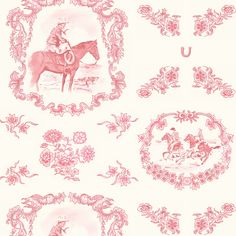 pink and white wallpaper with images of people on horses