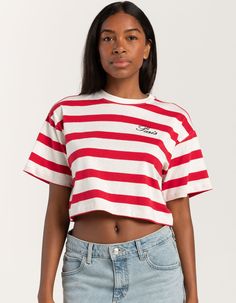 Full Tilt Stripe Paris Embroidered Crop Tee. Paris Embroidered At Left Chest. Allover Stripe Print. Ribbed Crew Neckline. Short Sleeve. Cropped Length. 100% Cotton. Machine Wash. Imported. Model Is Wearing A Size Small. Model Measurements:height: 5'7" Bust: 32"waist: 23"hips: 32" Trendy Crew Neck Top With Embroidered Graphics, Trendy Embroidered Crew Neck Top, Trendy Embroidered Short Sleeve Tops, Trendy Embroidered Relaxed Fit Tops, Trendy Spring Tops With Embroidered Logo, Trendy Tops With Embroidered Logo For Spring, Trendy Tops With Embroidered Logo, Striped Embroidered Cotton Tops, Embroidered Striped Cotton Tops