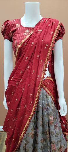 Attractive Banaras Digital Printed half saree set in Red and Grey. Blouse size : 32 Inches Lehenga length: 39 inches Red Designer Wear Sets With Traditional Drape, Red Traditional Drape Sets For Designer Wear, Red Pre-draped Saree With Sheer Dupatta In Dola Silk, Red Floor-length Pre-draped Saree With Pallu, Chanderi Pre-draped Saree With Pallu, Red Anarkali Sets With Cutdana Detail, Red Anarkali Set With Cutdana, Red Unstitched Pre-draped Saree For Diwali, Red Anarkali Dola Silk Set